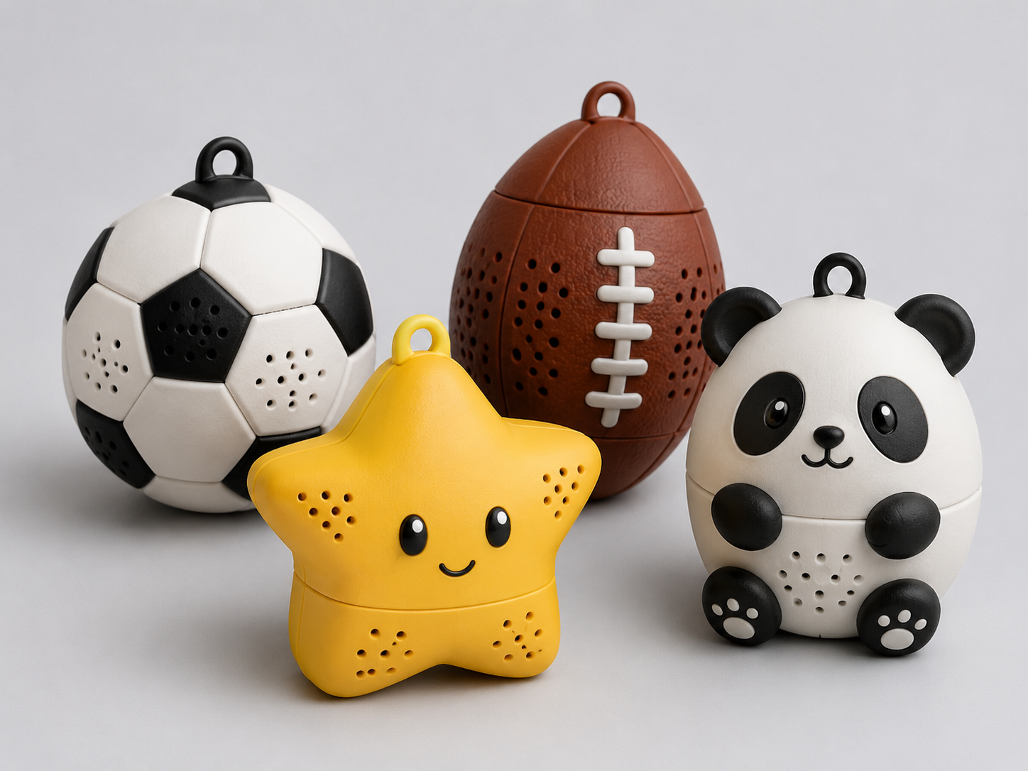 Soccer, football, star, and panda Stinklings character cases.